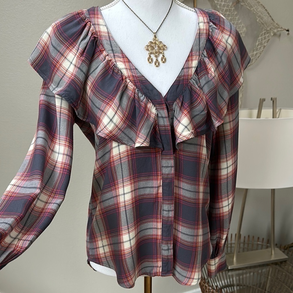 Mossimo Supply Co Red and Gray plaid Ruffled Blouse